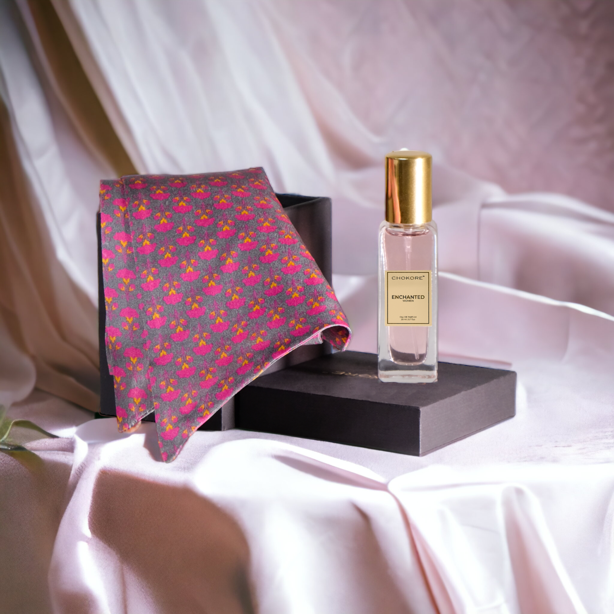 Chokore Special 2-in-1 Gift Set for Her(Pink and Purple Silk Scarf & 20 ml Enchanted Perfume)