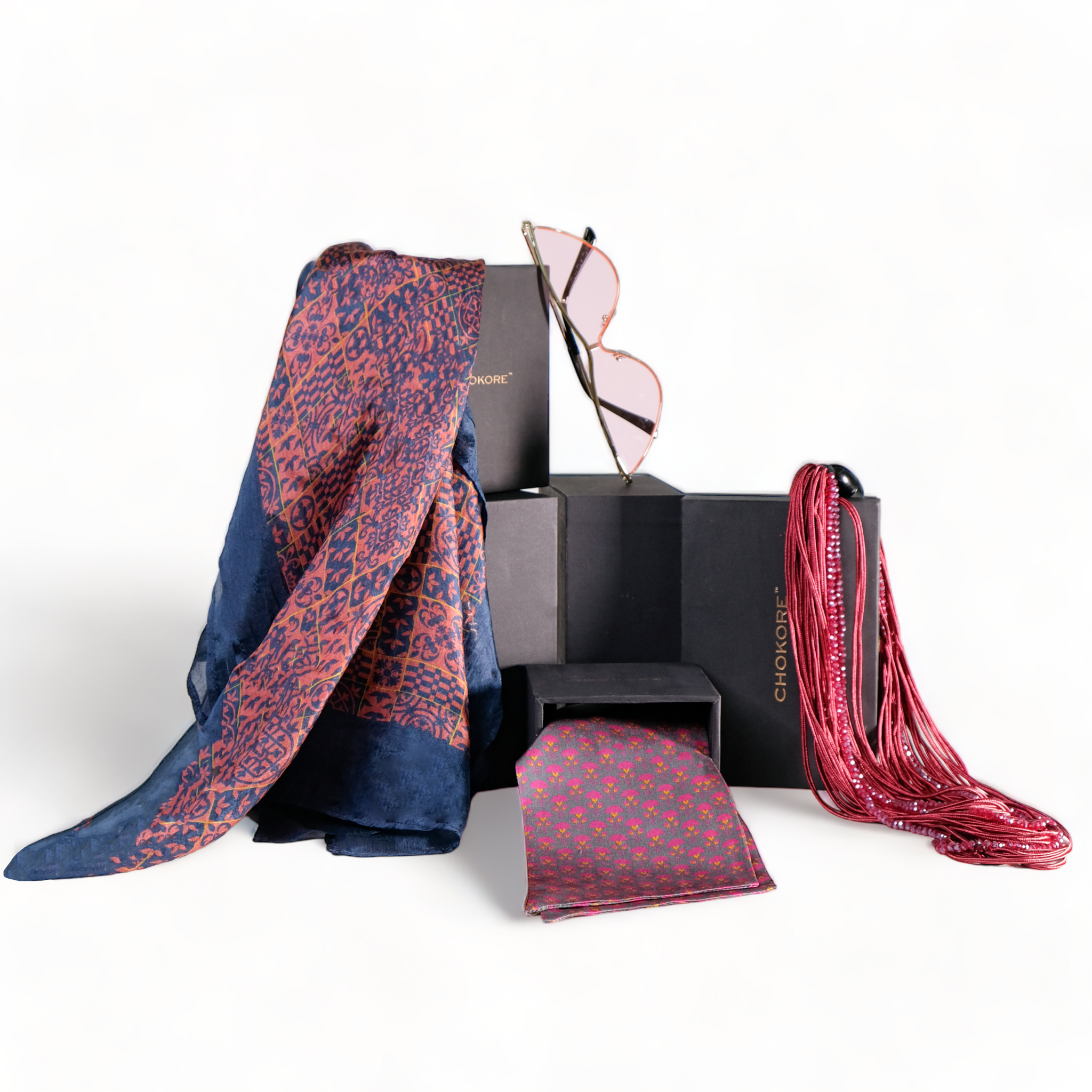 Chokore Special 4-in-1 Gift Set for Her (Silk Stole, Scarf, Sunglasses, & Necklace)